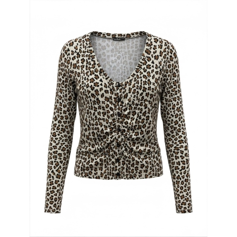 Leopard Print V-Neck Ruched Long Sleeve Top - Brown/Beige